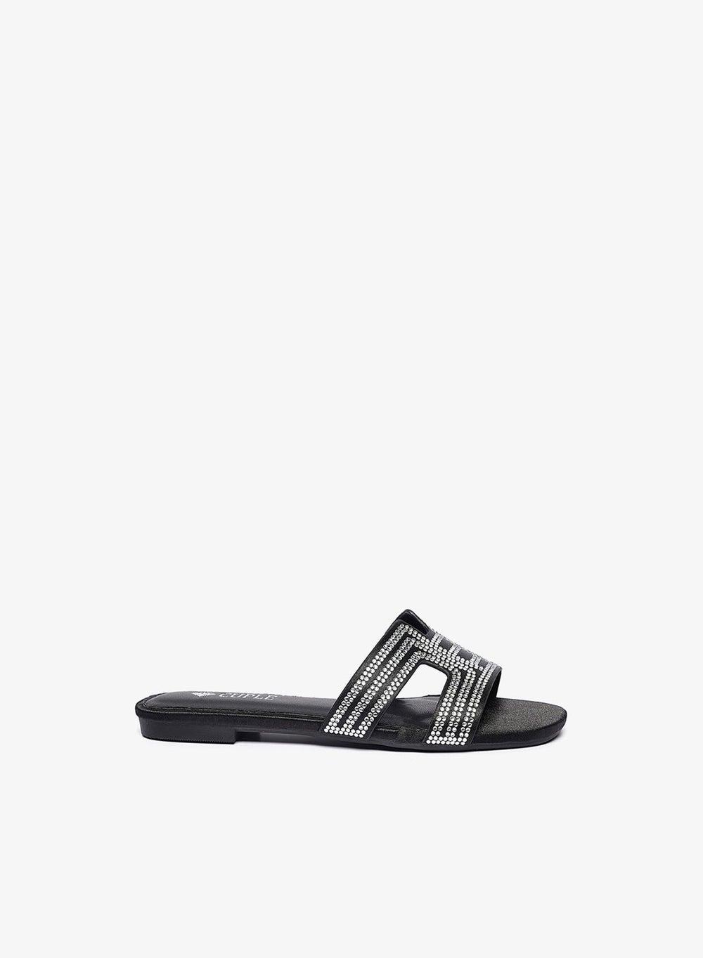 Girls Black Embellished Flat Slide Sandals - Image 1