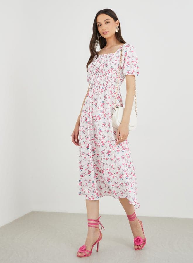 Floral Puff Sleeve Smocked Midi Dress – Take Two - Image 1