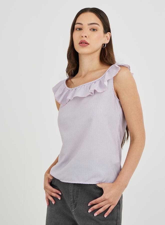 Take Two Grey Striped Ruffle Neck Sleeveless Top - Image 1