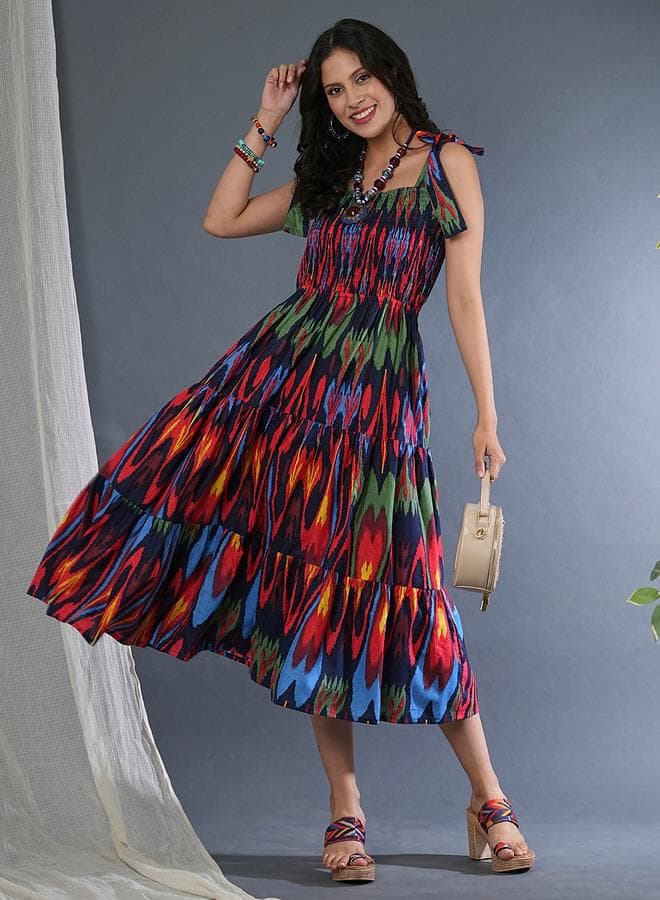 Globus Ikat Print Tie-Up Sleeve Midi Dress - Image 1
