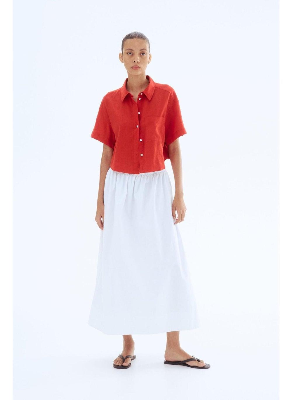 Red Linen-Blend Collared Shirt with Pocket - Image 1