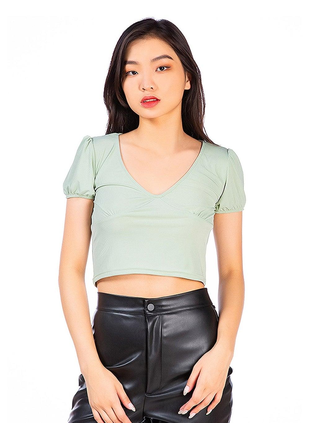 Sage Green Pleated V-Neck Knit Top CL8311 - Image 1