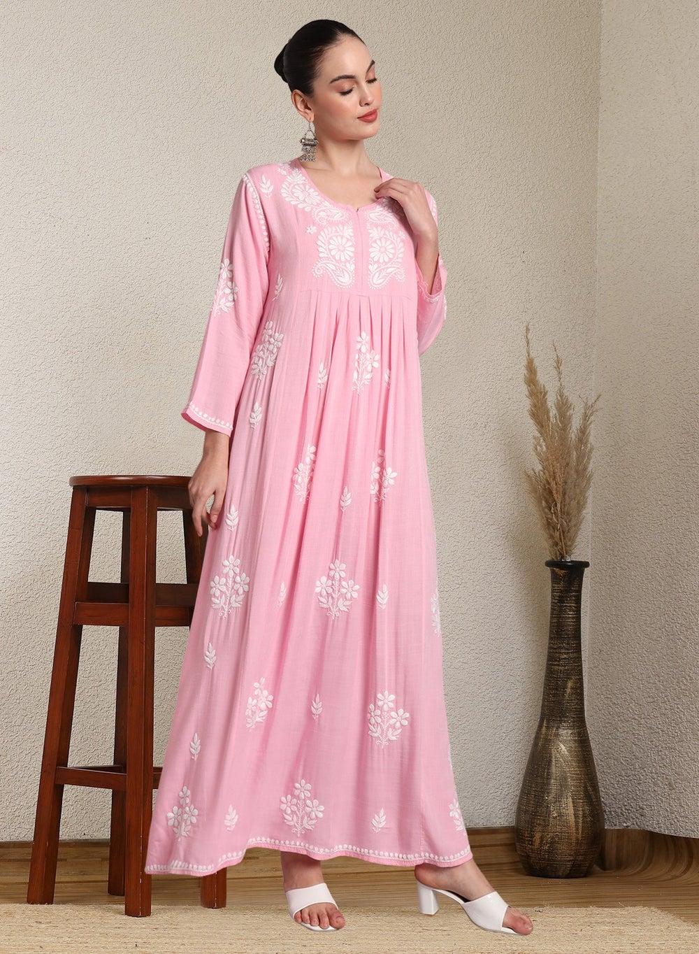 AL4012 Chikankari Embroidered Rayon Jalabiya in Pink - Image 1