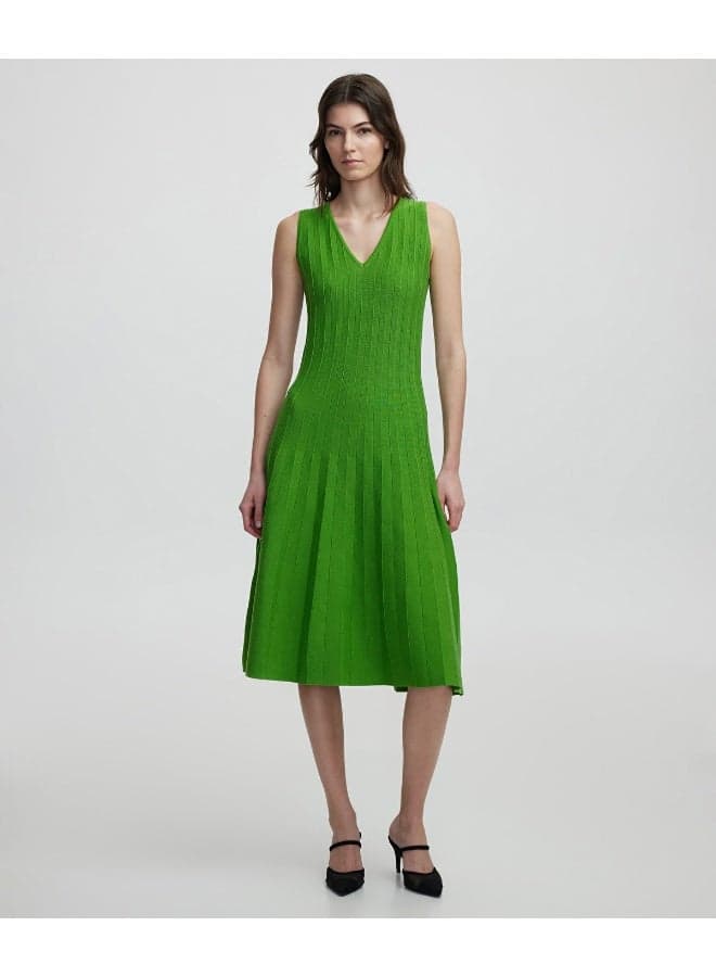 Lime Green V-Neck Flared Midi Knit Dress - Image 1