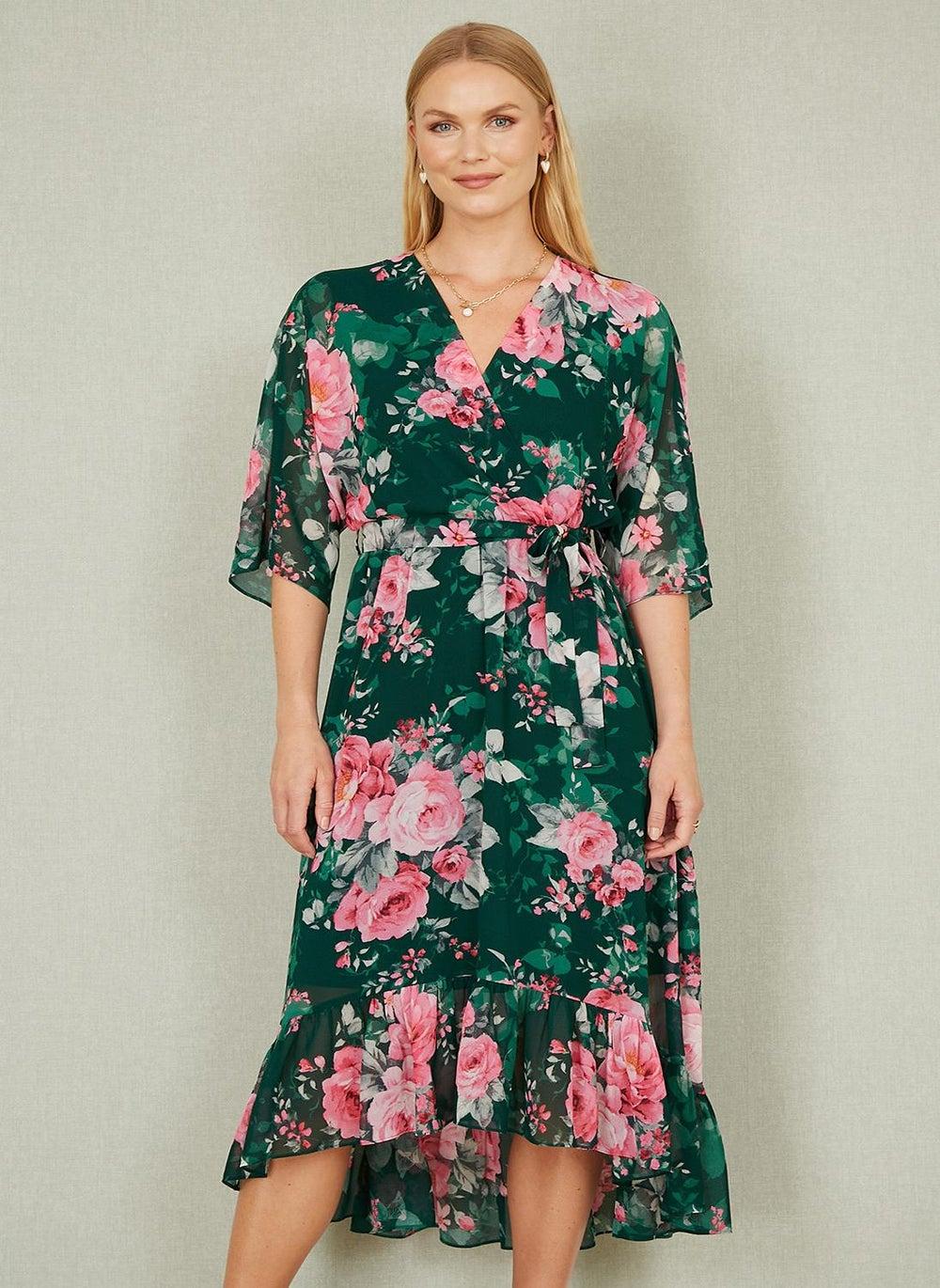 Floral Chiffon Wrap Midi Dress with Ruffled Hem - Image 1