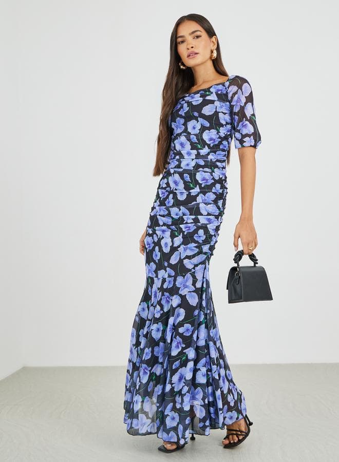 Black Blue Floral Ruched A-Line Maxi Dress - Image 1