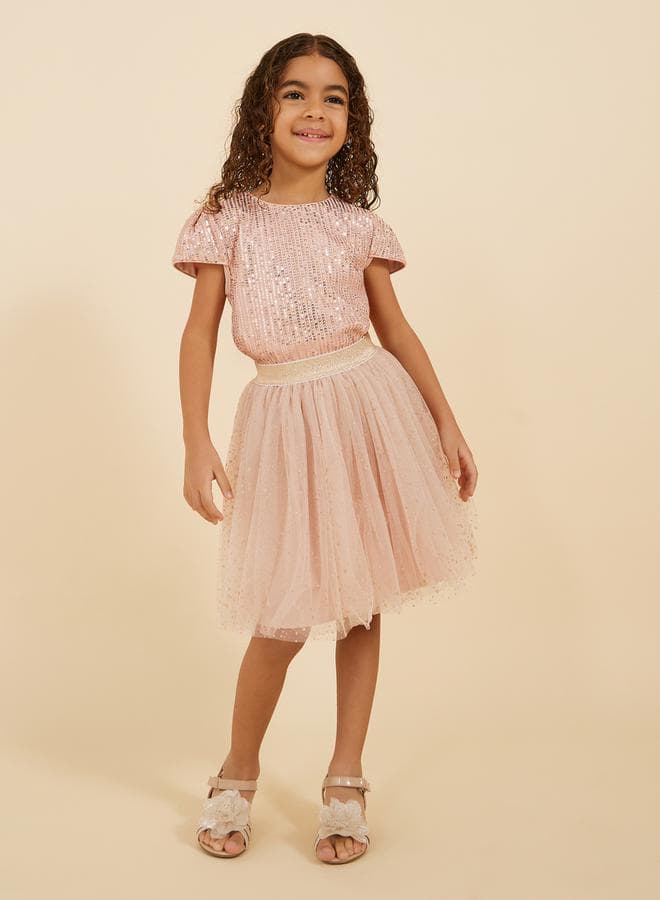 Girls Pink Sequin Top & Mesh Skirt Set - Image 1