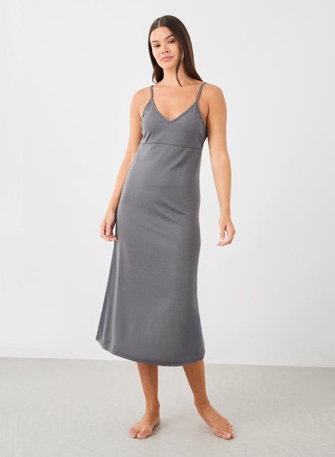 Charcoal Ribbed Lace Low Back Slip Dress - Image 1