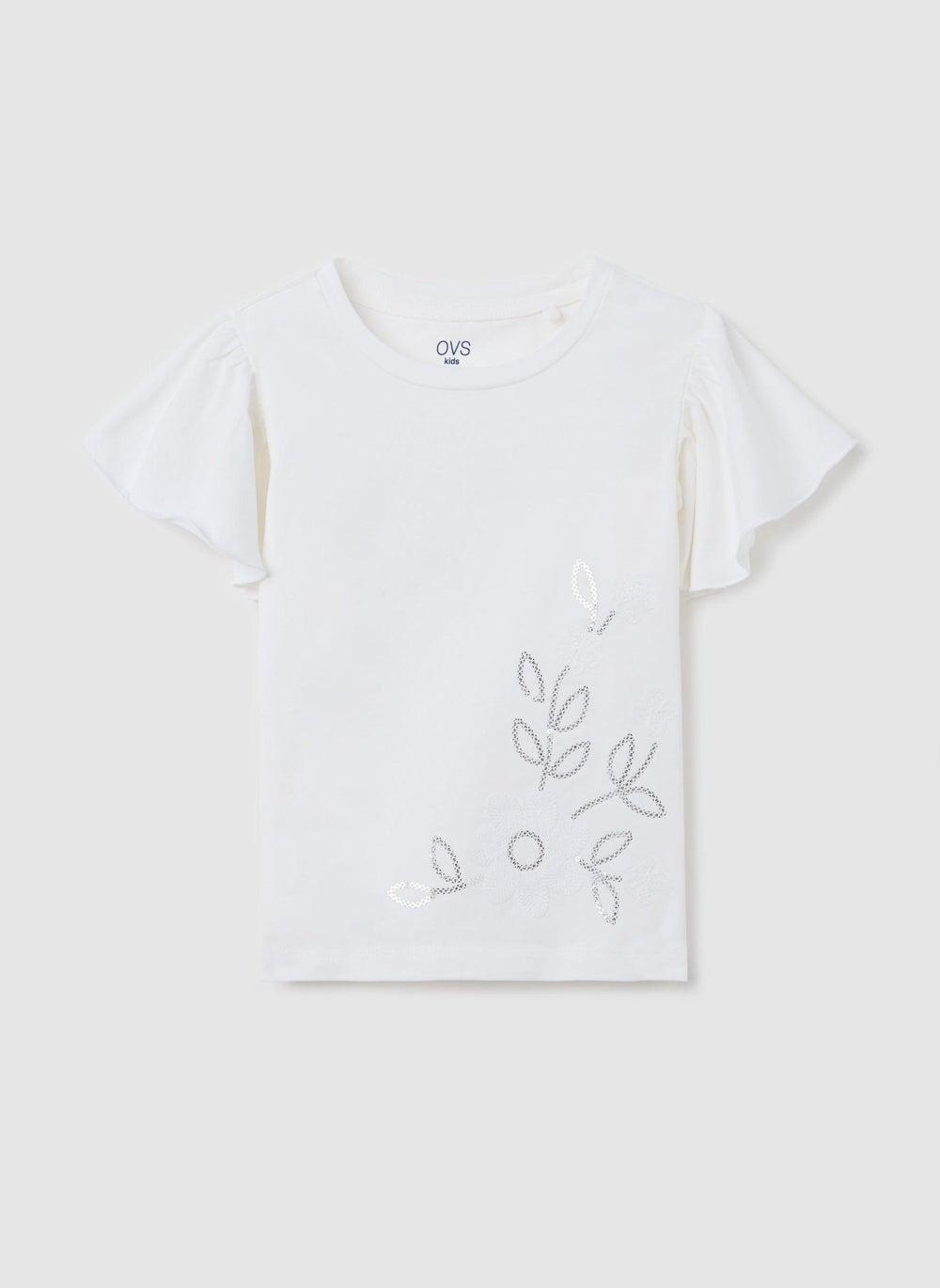 Girls White Floral Embroidered Cotton T-Shirt - Image 1