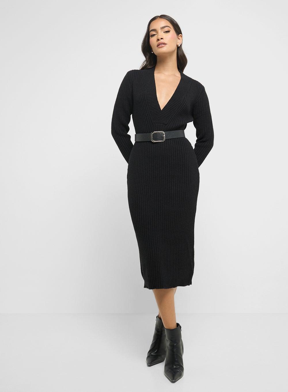 Ribbed V-Neck Midi Dress Drs25211 - Image 1