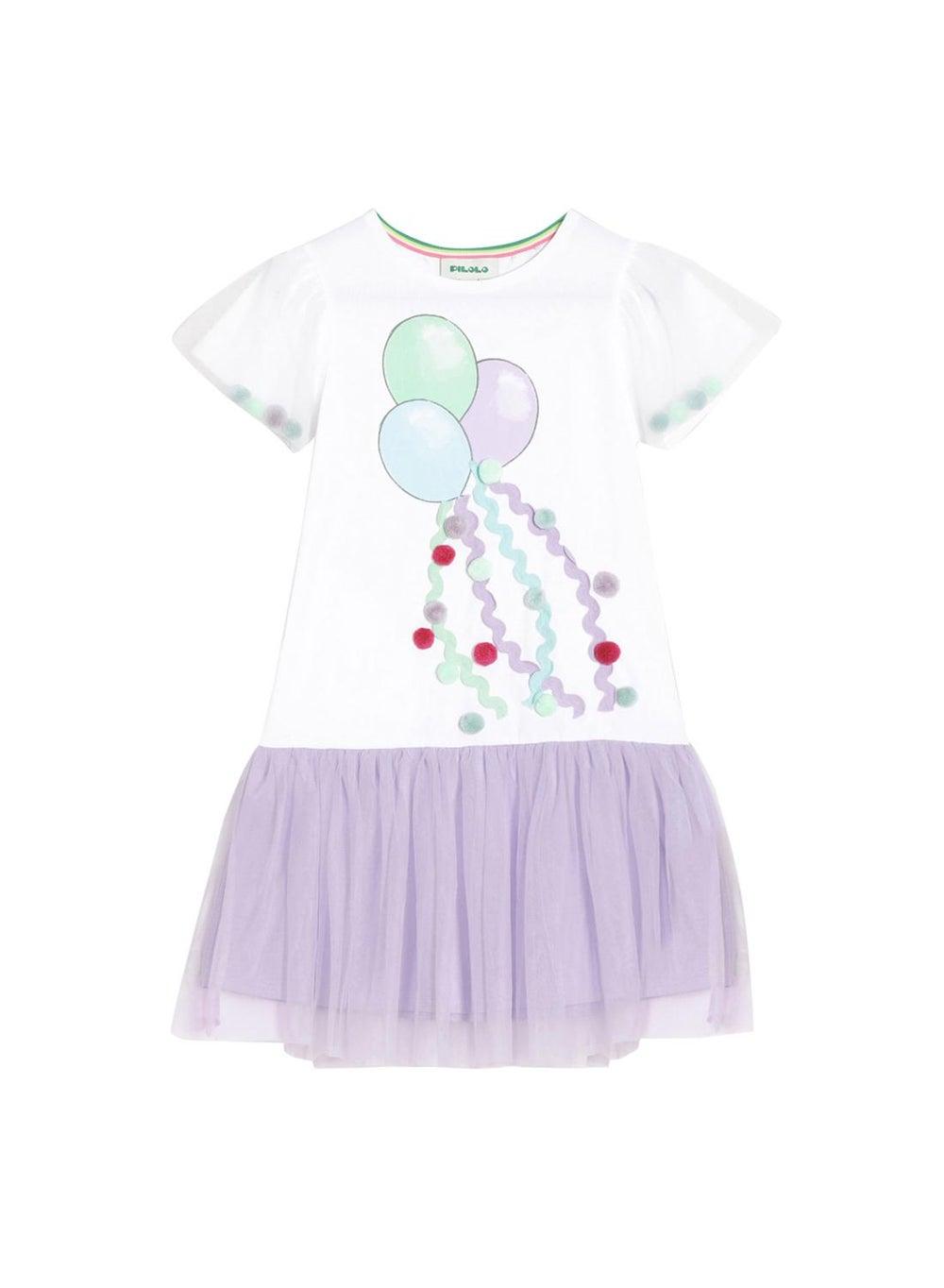 Balloon Graphic Cotton Dress with Lilac Tulle - Image 1