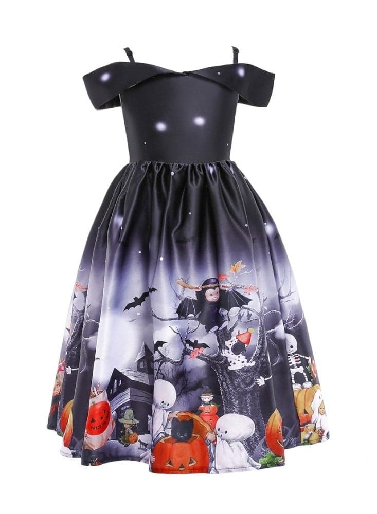 Halloween Printed Off-Shoulder Midi Dress Black - Image 1