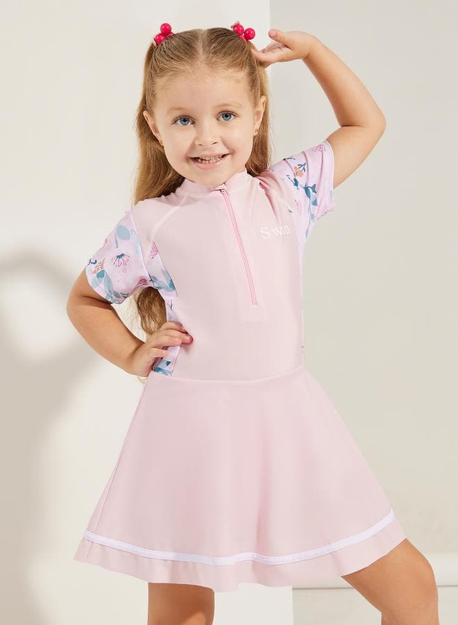Floral Print High Neck Skirted Swimsuit Pink - Image 1