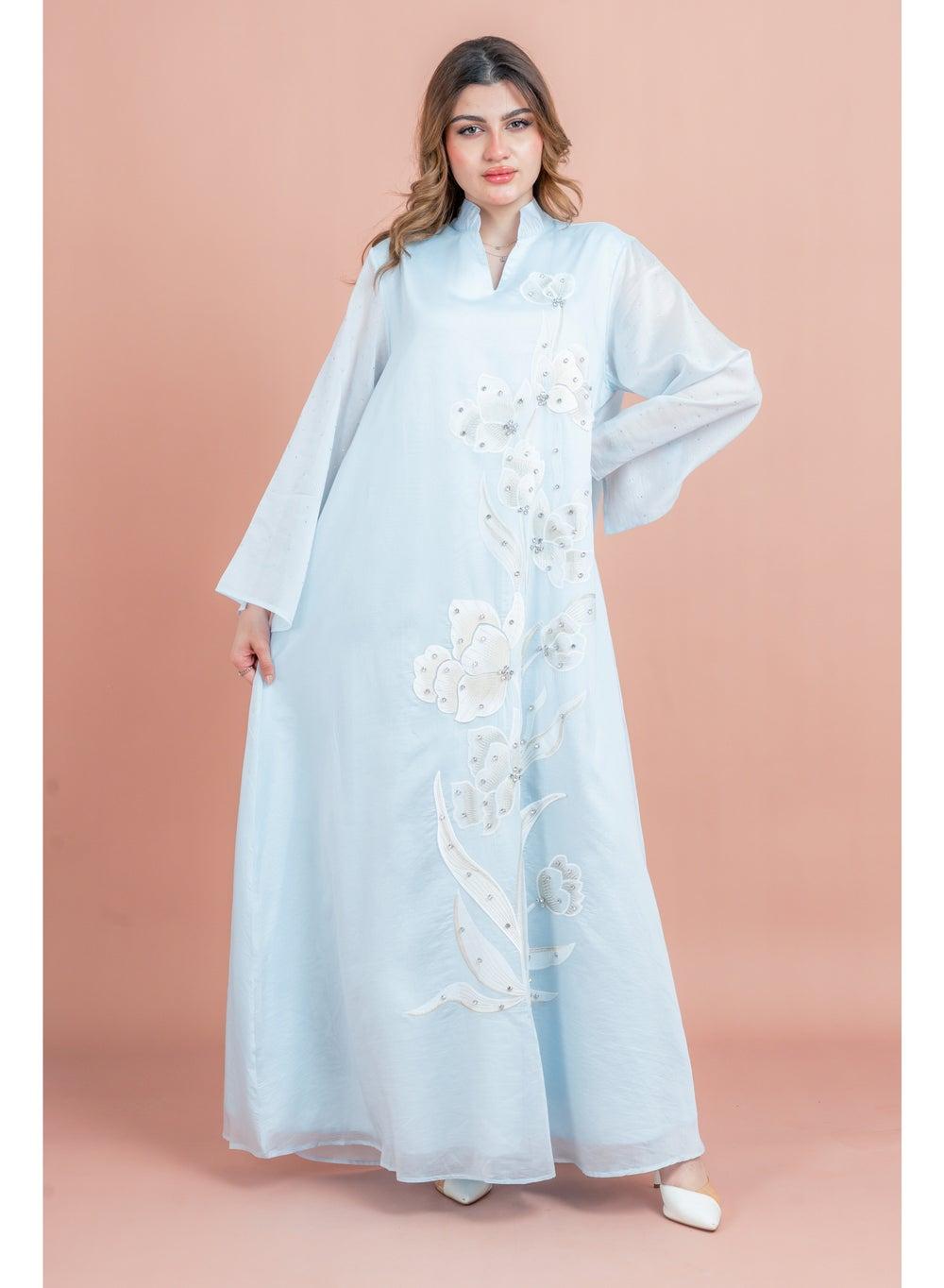 Floral Flowy Crystal Jalabiya Dress V-Neck - Image 1