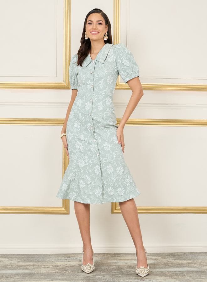 Light Blue Floral Jacquard Collared Midi Dress 7007718938 - Image 1