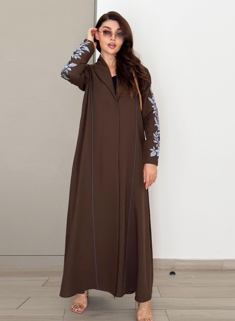 Brown Embellished Abaya Blue Embroidery R 202578 - Image 1