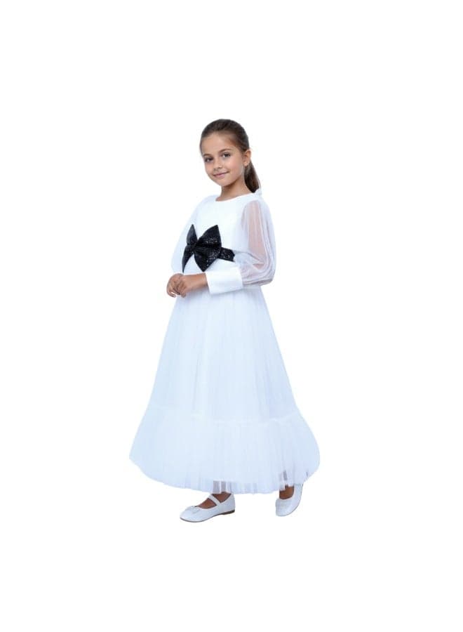 White Tulle Bow Maxi Dress for Girls - Image 1