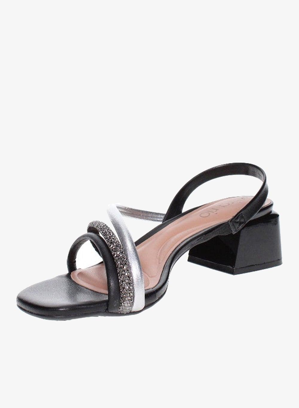 Silver Mid Heel Slingback Sandals with Ankle Strap - Image 1