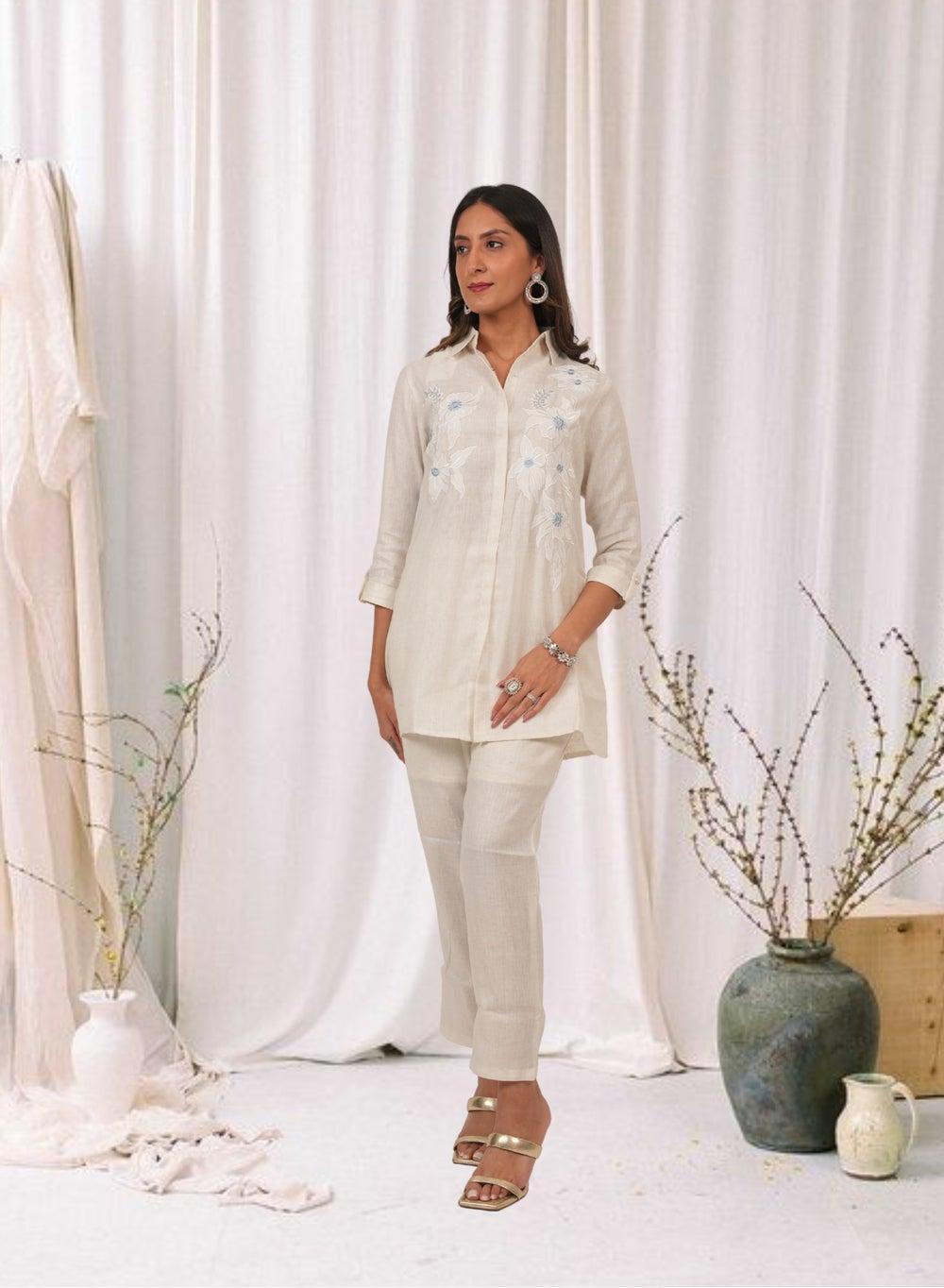 Ivory Beige Embroidered Cotton Linen Kurta Set - Image 1