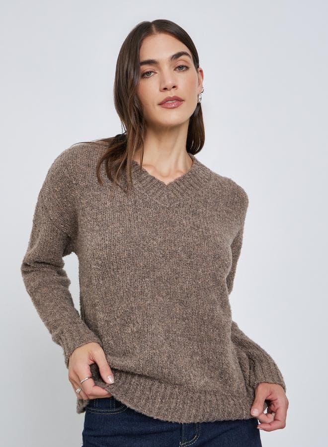 Styli Brown Relaxed Fit Multi Yarn V-Neck Sweater - Image 1