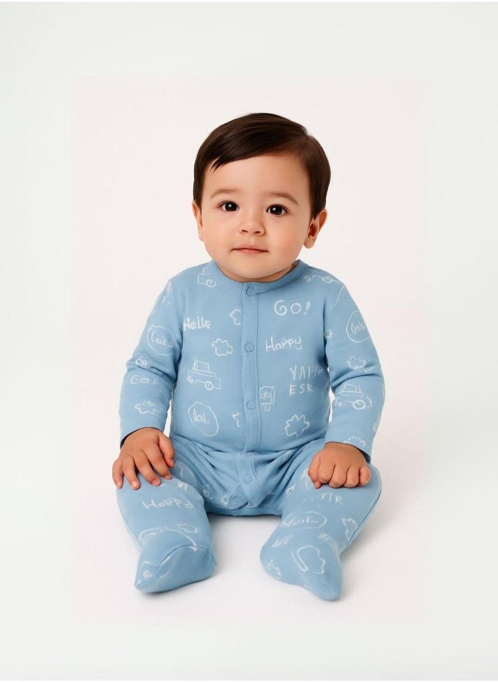 Boys 4 Pack Long Sleeve Cotton Sleepsuits Light Blue - Image 1