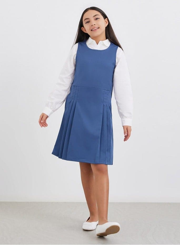 Girls Navy Blue Pleated Pinafore School Dress - Image 1