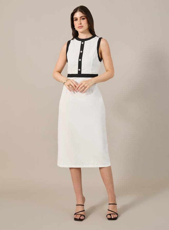 White Sleeveless Sheath Dress with Pearl Trim 7011777336 - Image 1
