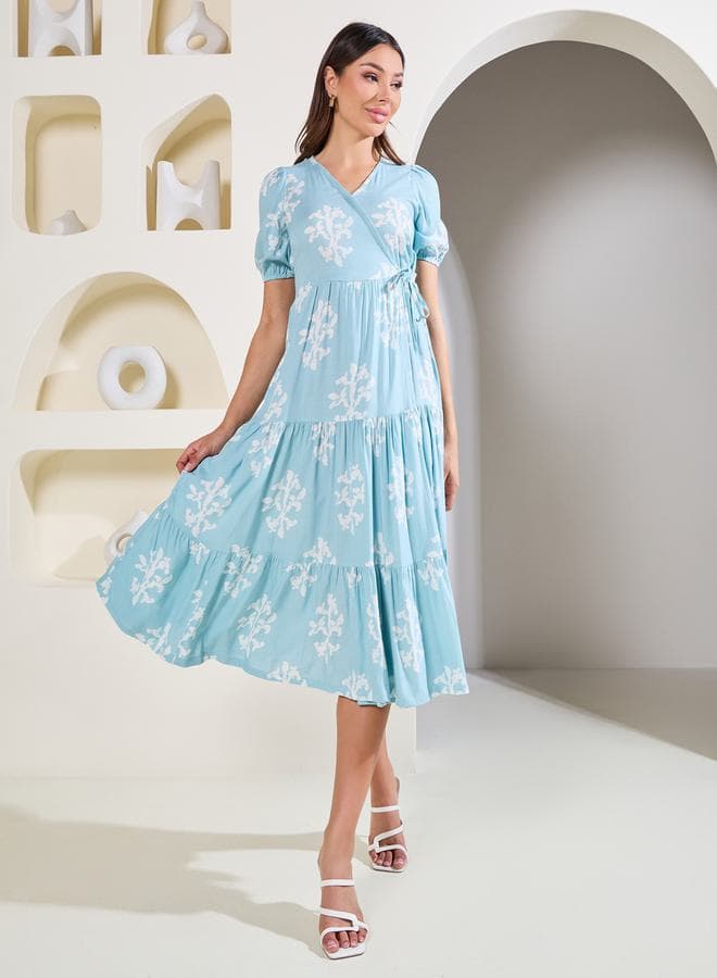 Light Blue Block Print Tiered Wrap Midi Dress - Image 1