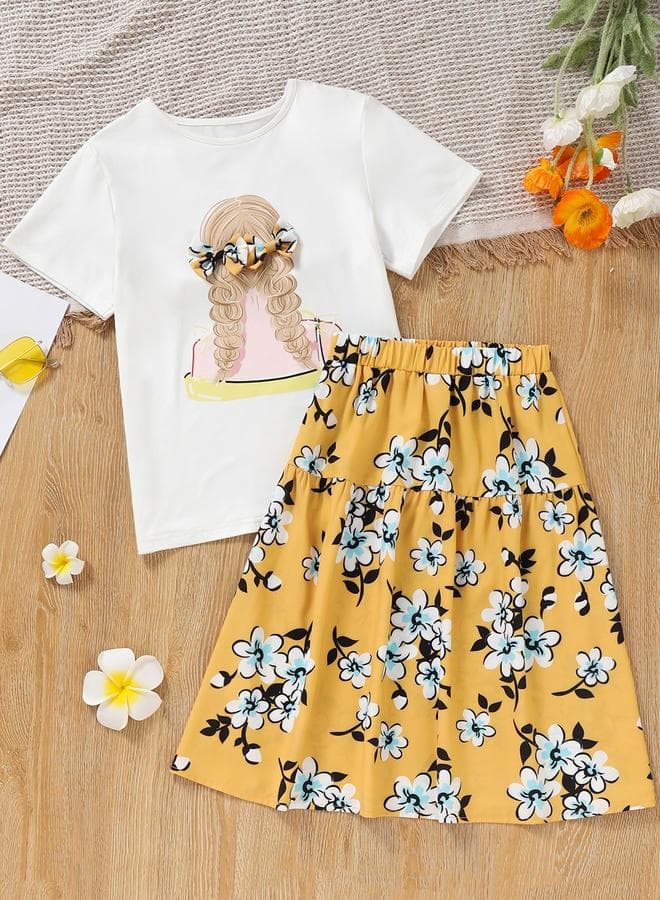 Girls Graphic Bow Detail Skirt Set Yellow - Image 1