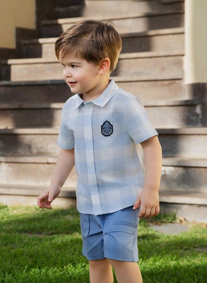 Boys Checked Cotton Shirt & Blue Pocket Shorts Set - Image 1