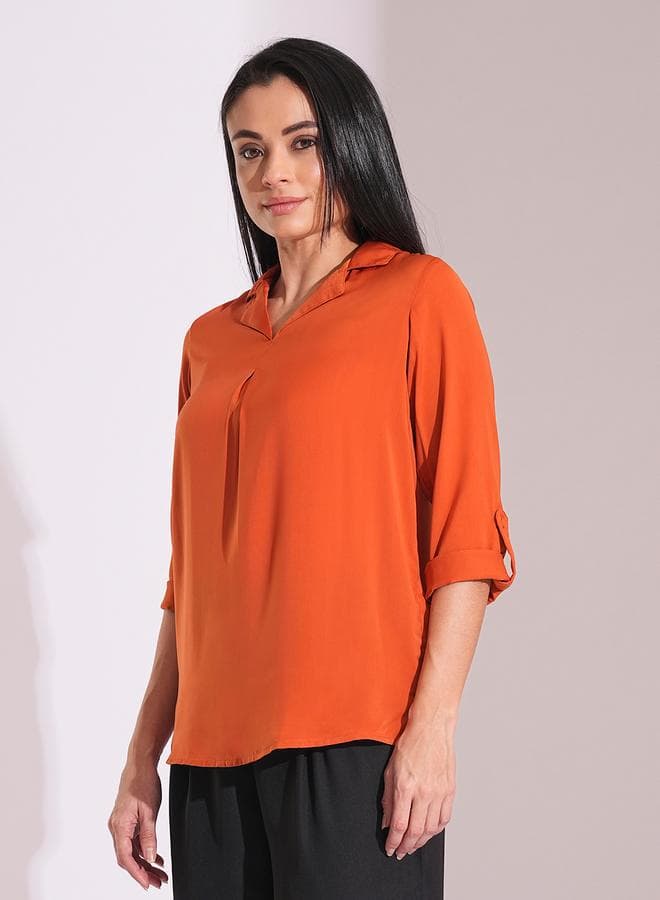Globus Solid Roll-Up Sleeve Brown Blouse Top - Image 1