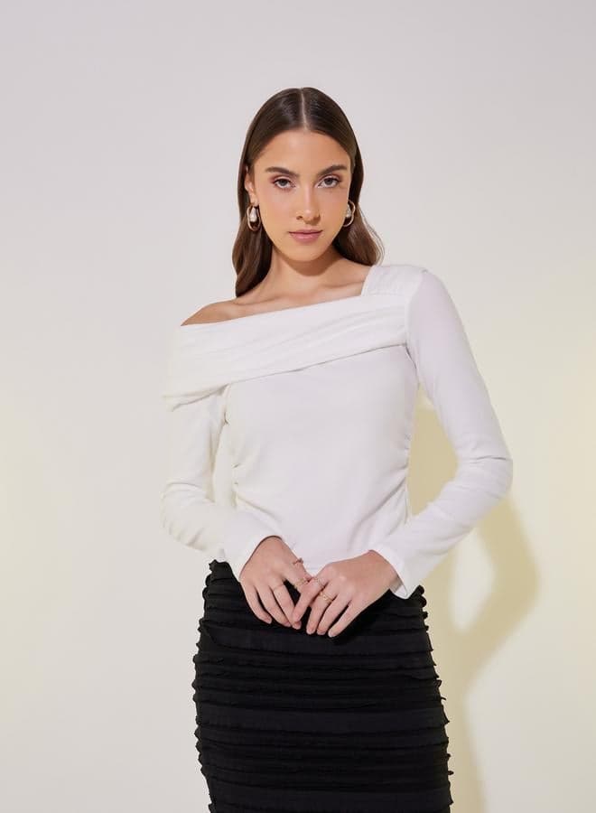 Draped Asymmetric Off-Shoulder Crop Knit Top White - Image 1