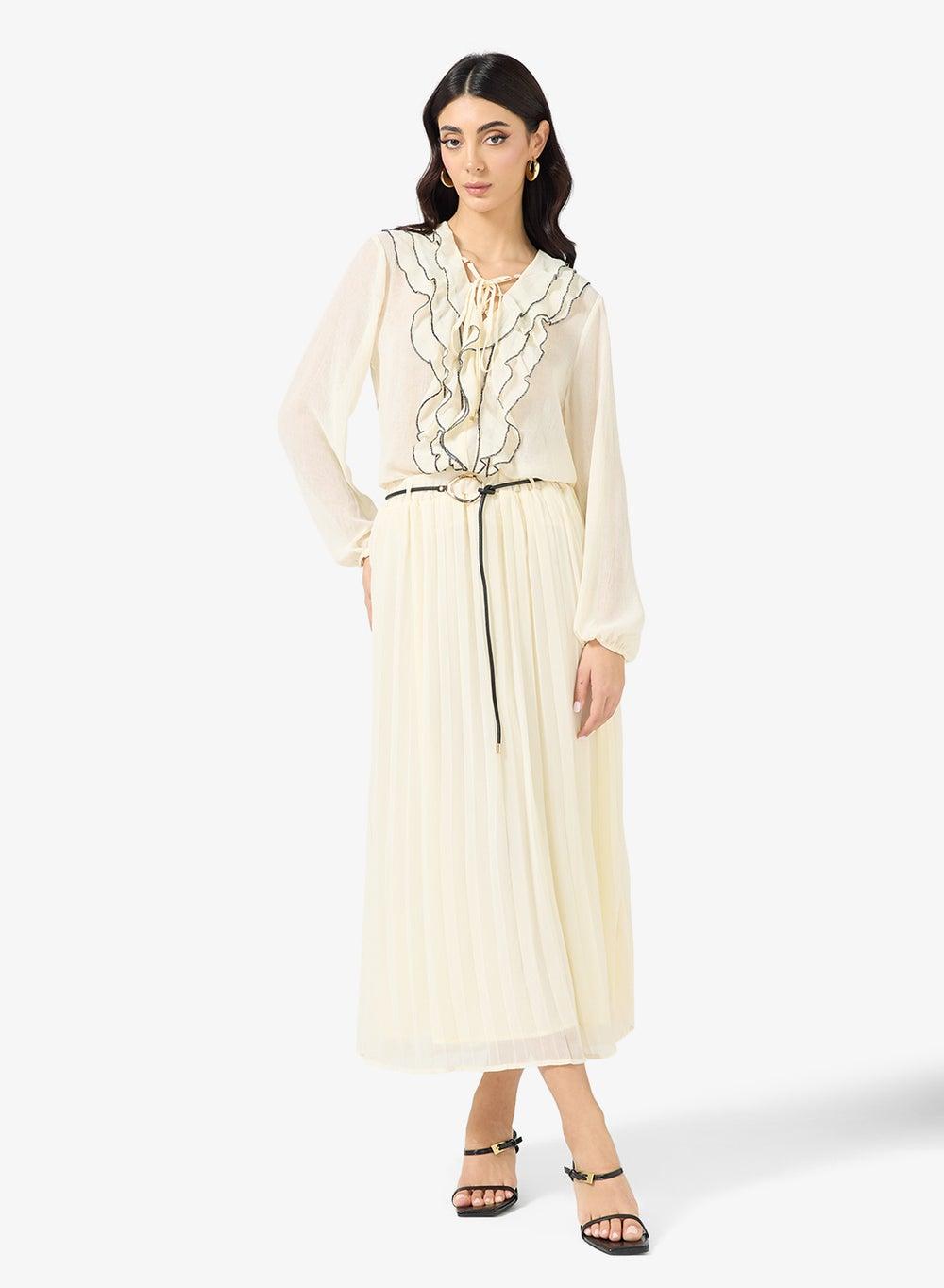 White Ruffled Neck Top & Skirt Set Clt256189 - Image 1