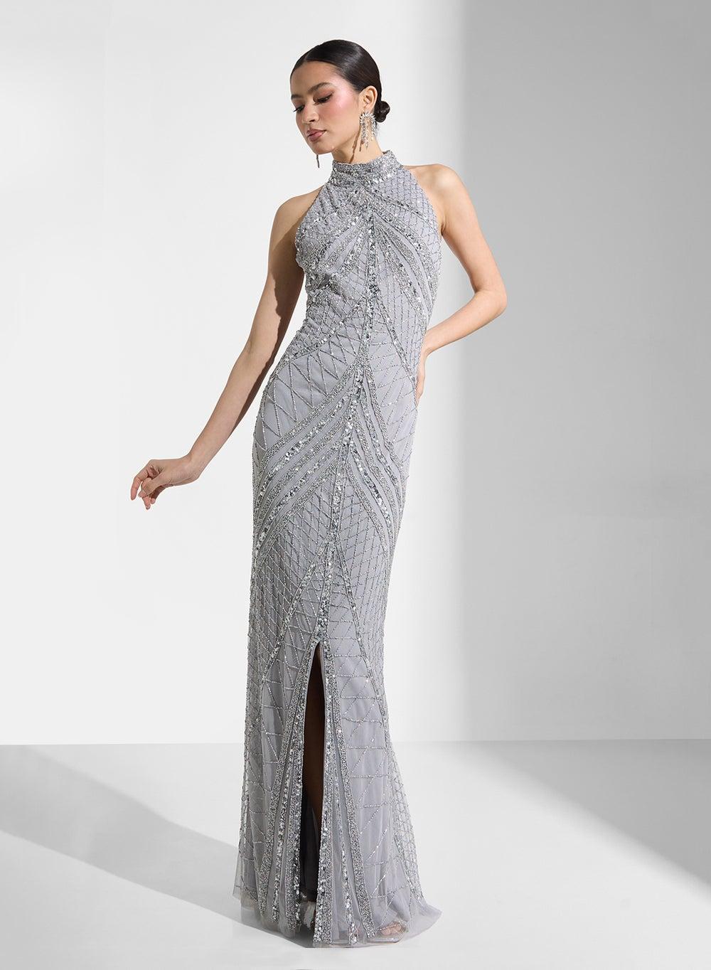 Silver Grey Beaded Halter Maxi Gown Rmg 13 - Image 1