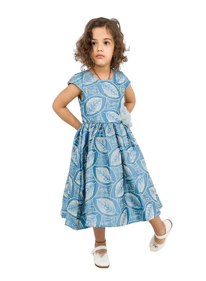 Sky Blue Leaf Print Fit & Flare Midi Dress - Image 1