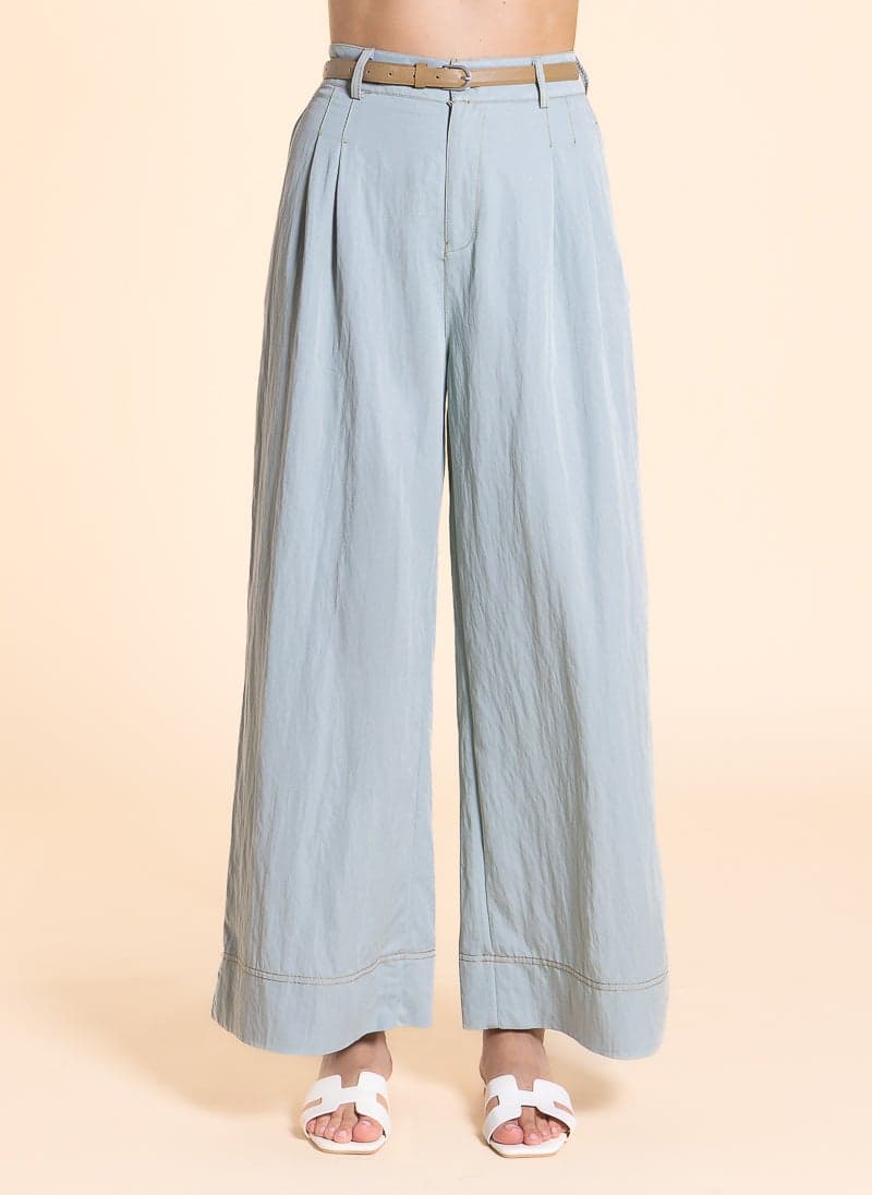 Light Blue Linen Blend Wide-Leg Trousers - Image 1