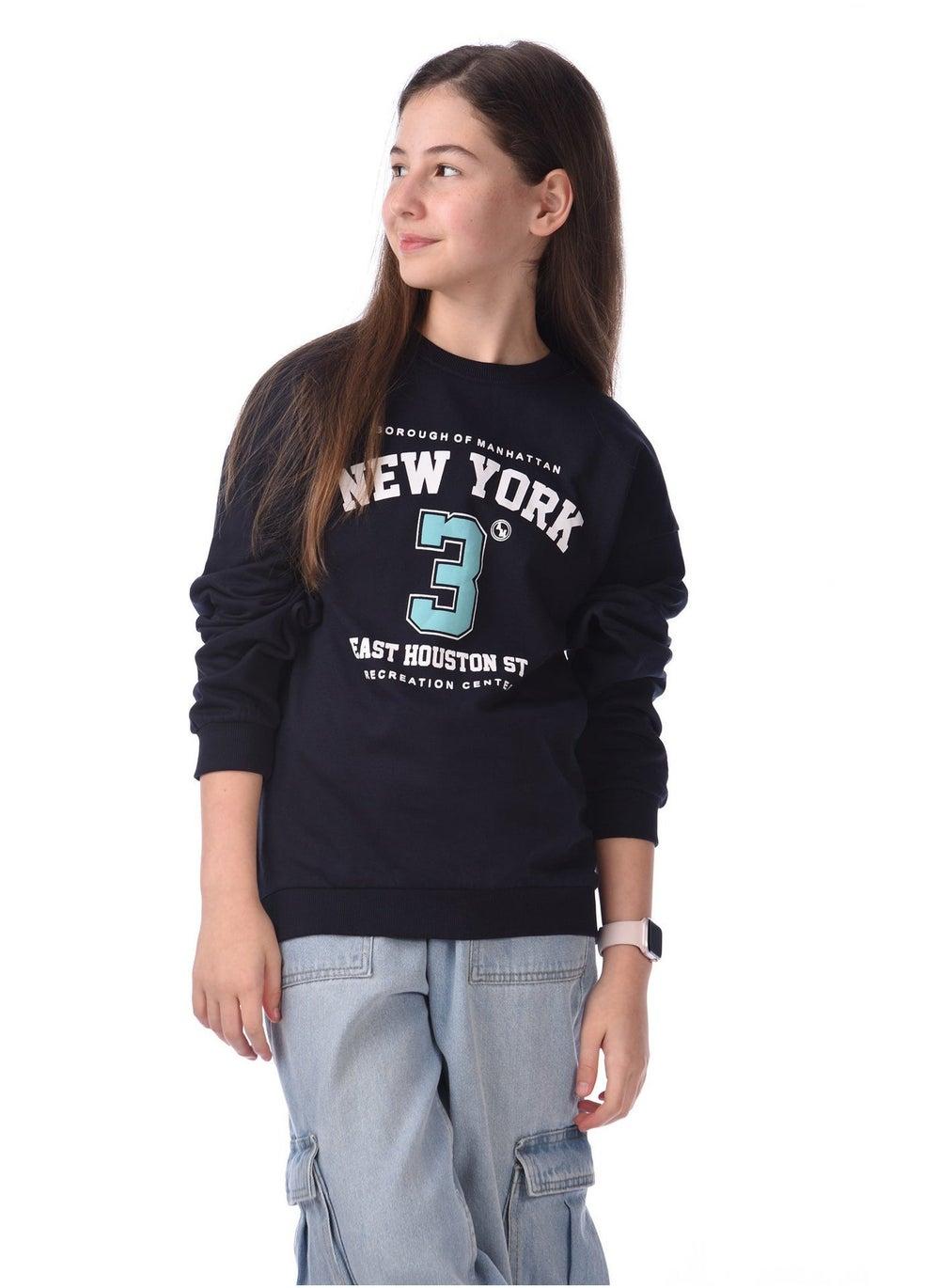 Girls Sweat-top Graphic Printed Navy Oversized Pullover - Image 1