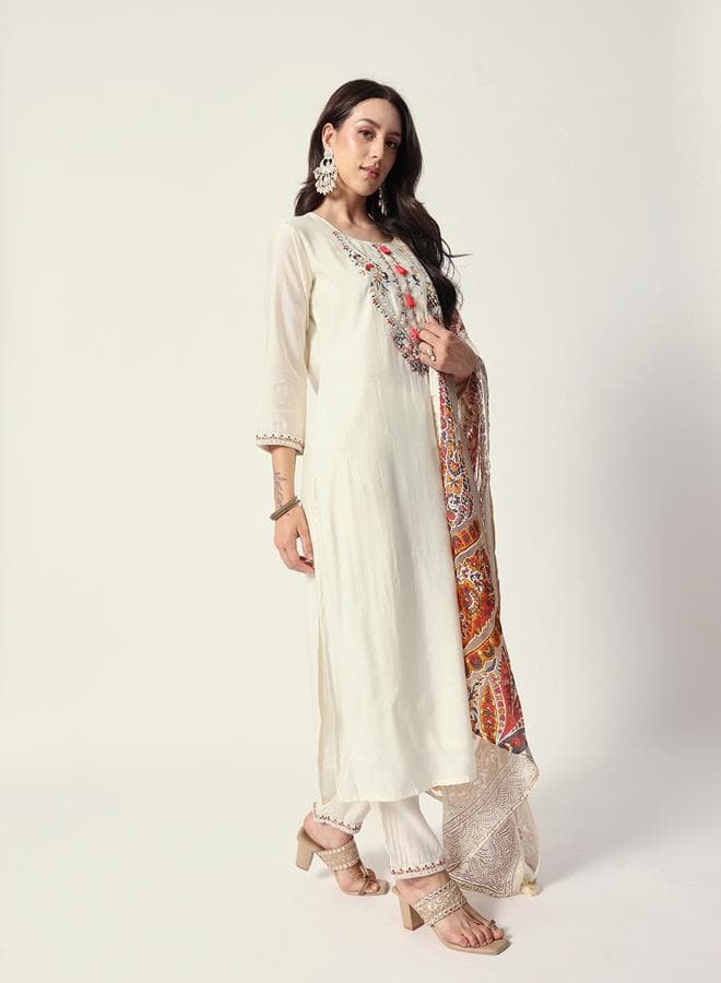 Off-White Rayon Textured Kurta Set with Full Palazzo - Image 1