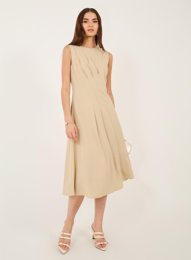 Beige A-Line Midi Dress 7011211402 Sleeveless Elegance - Image 1