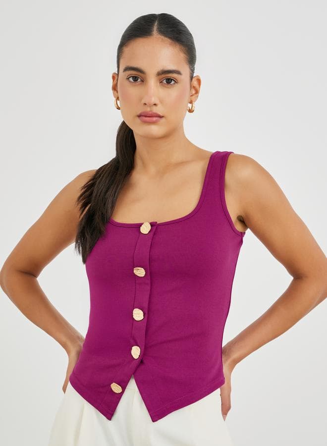 Purple Buttoned Square Neck Sleeveless Skinny Top - Image 1