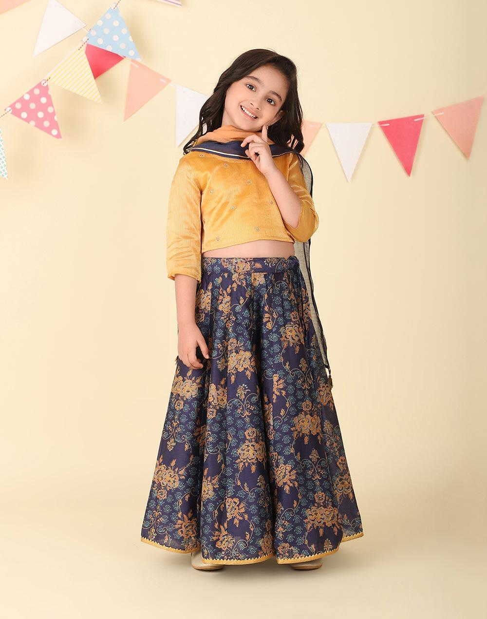 Navy Cotton Silk Hand Block Printed 3Pc Lehenga Set - Image 1