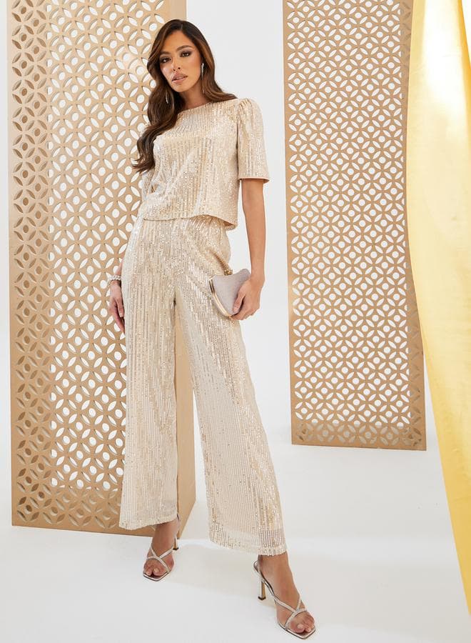 Cream Sequin Wide Leg Pants 7012192011 - Image 1