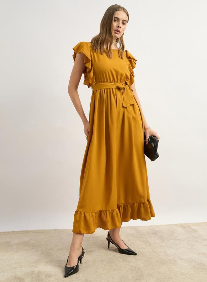 Styli Mustard Tiered Midi Dress with Ruffle Hem Tie-Up - Image 1