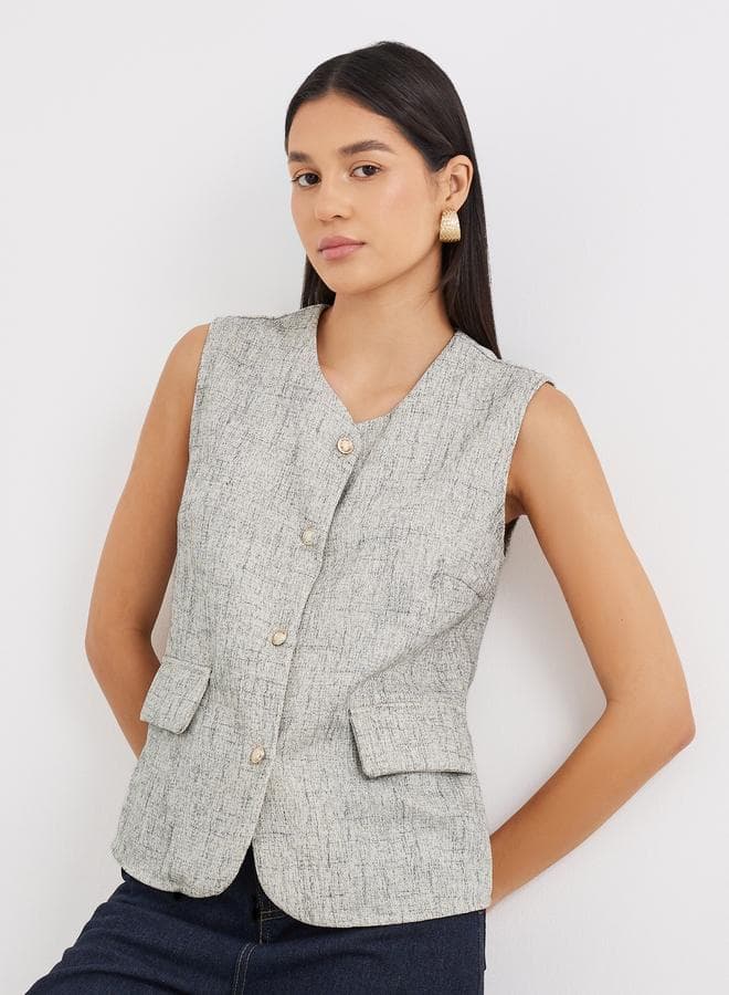 Grey Sleeveless Button-Down Waistcoat Top - Image 1