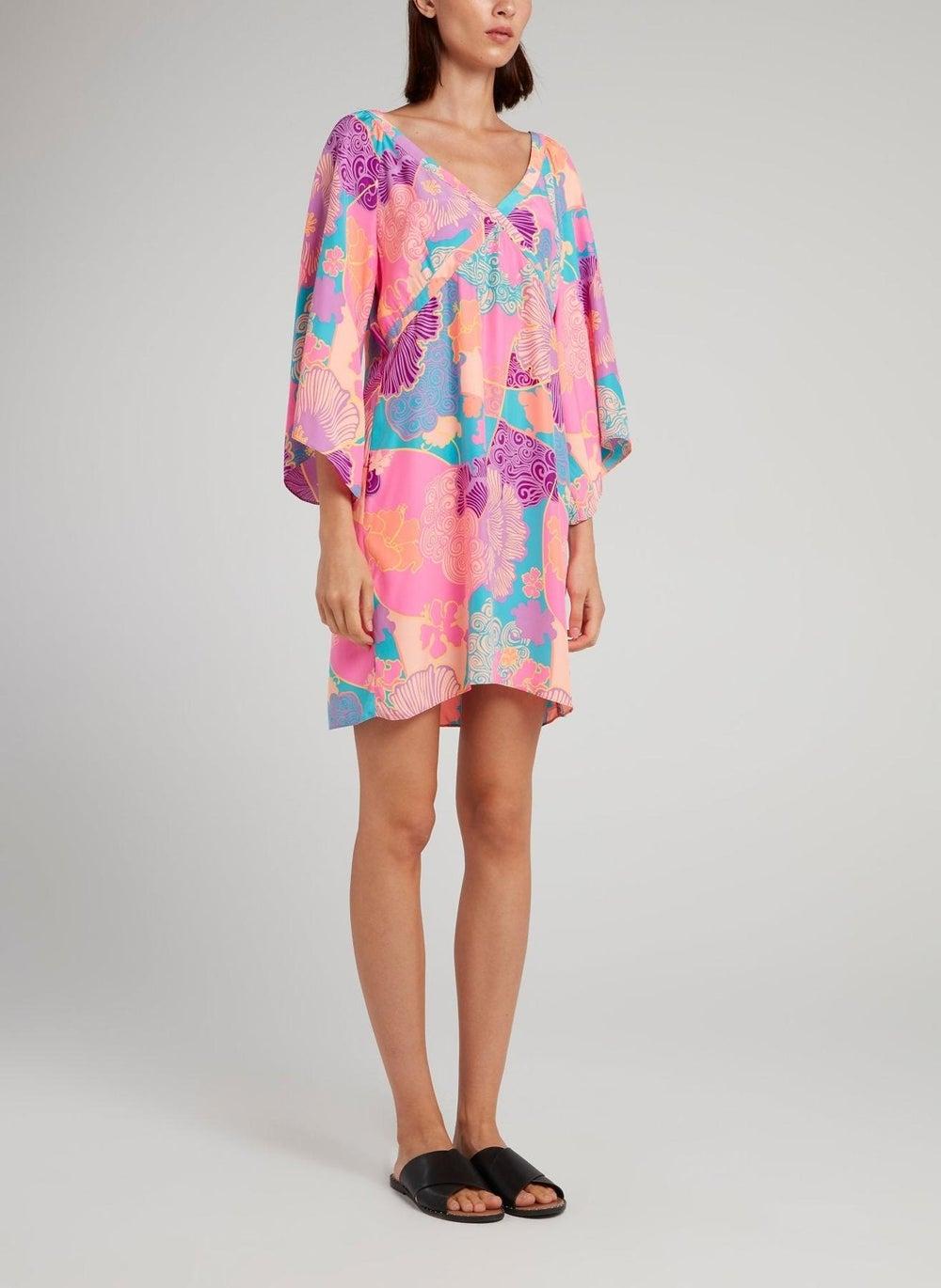 Pink Oriental Floral Kimono Mini Dress - Image 1