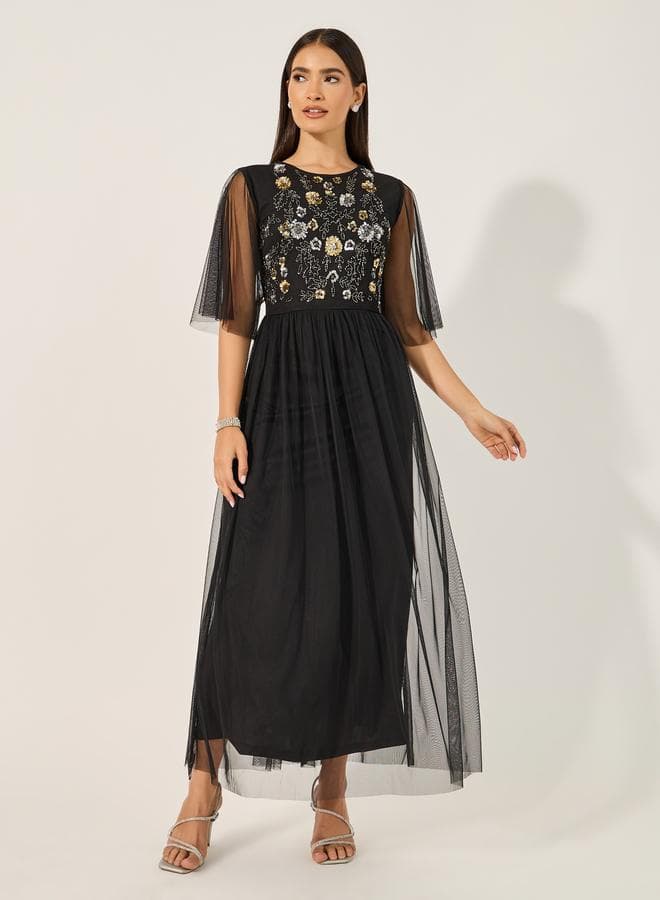 Floral Embbellished Black Maxi Dress 7010435501 - Image 1