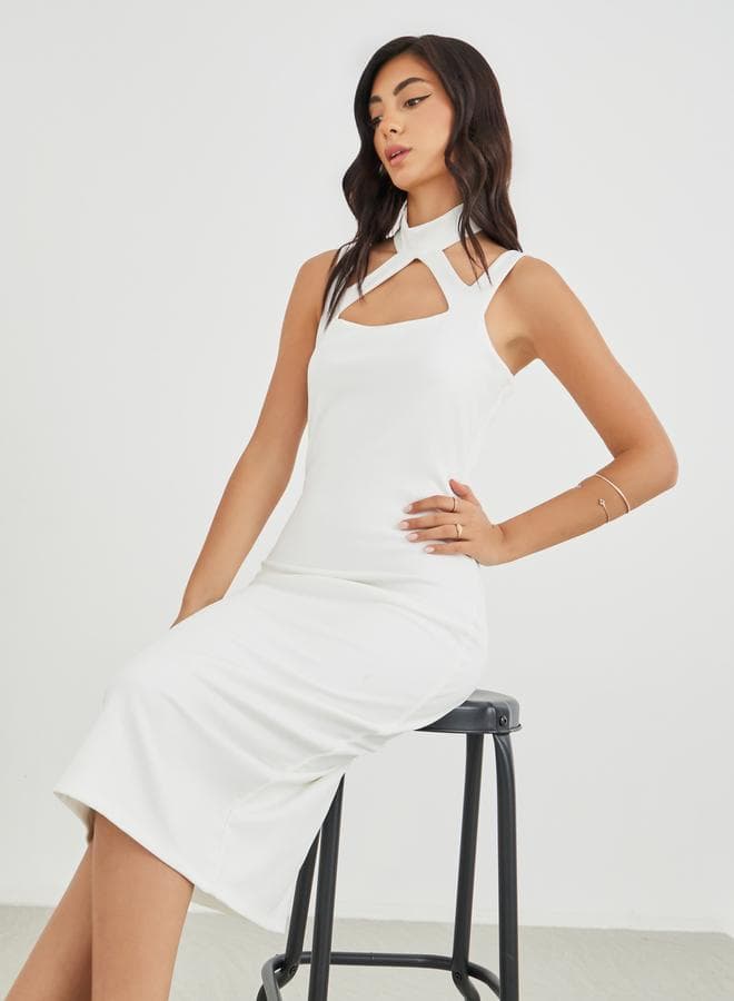 White Halter Neck Strappy Bodycon Midi Dress - Image 1