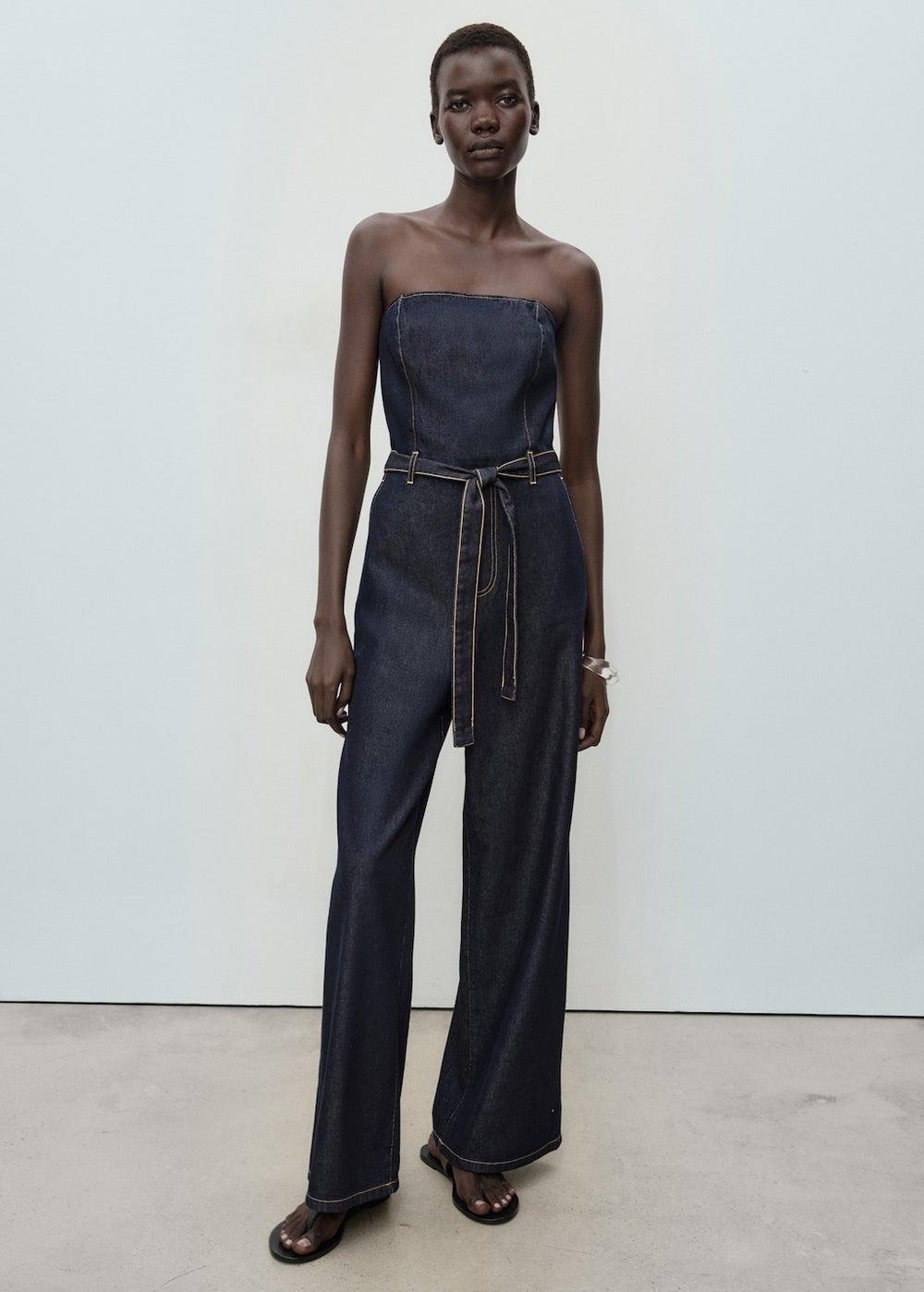 Strapless Soft Denim Cotton Jumpsuit with Belt - Image 1