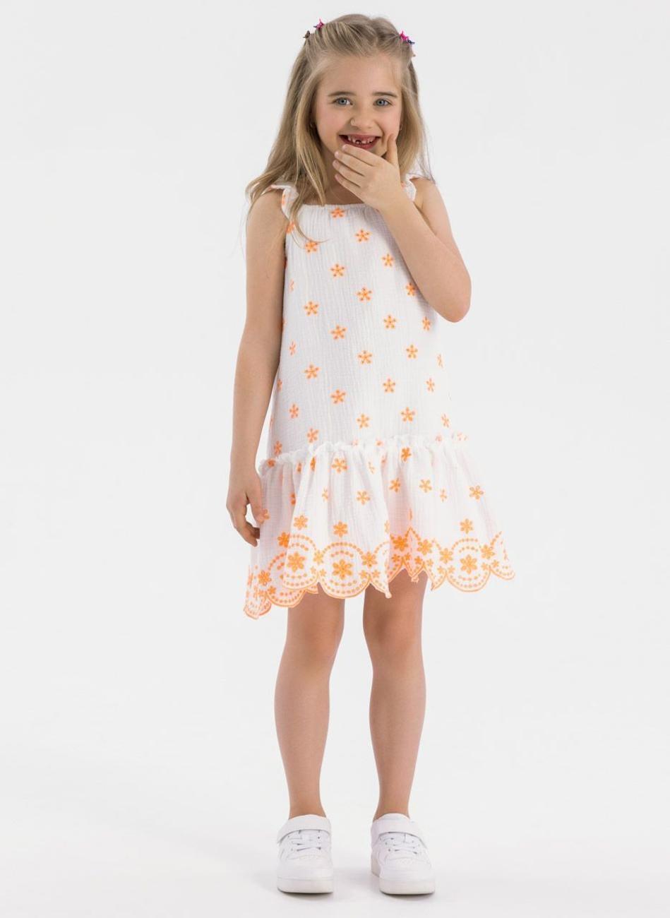 Girls White Cotton Muslin Dress Embroidered Straps - Image 1