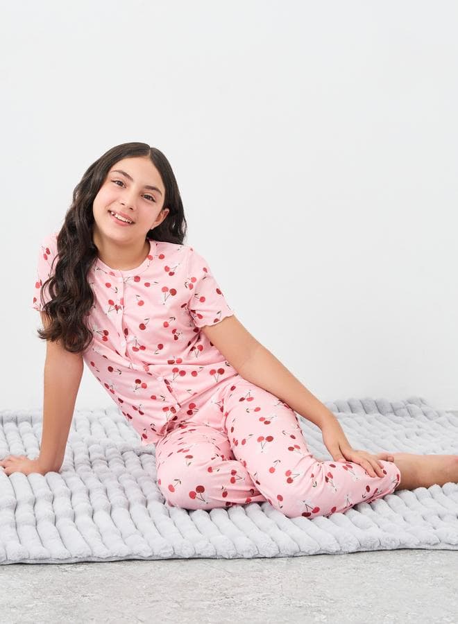 Girls Pink Printed T-Shirt Pyjama Set - Image 1